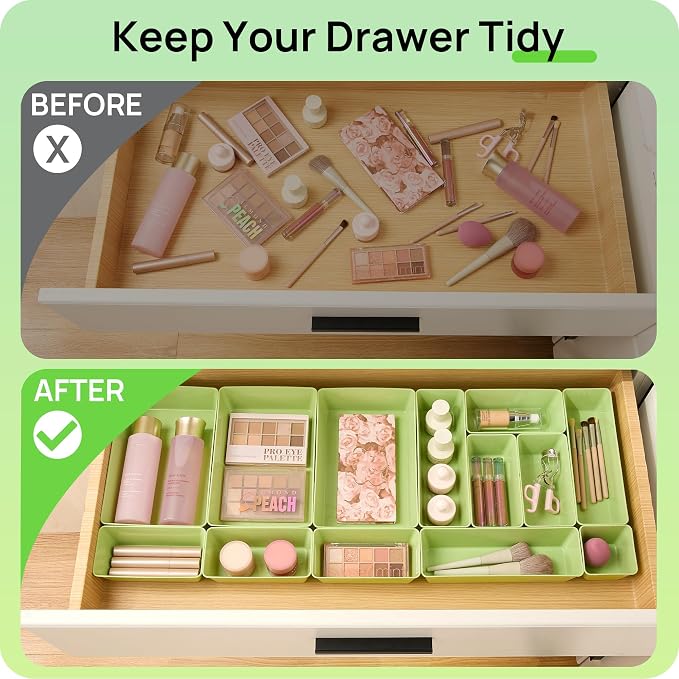 Vtopmart 25 PCS Plastic Drawer Organizers Set, 4-Size Versatile Bathroom and Vanity Drawer Organizer Trays, Storage Bins for Makeup, Bedroom, Kitchen Gadgets Utensils and Office, Light Green