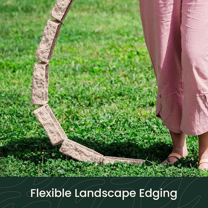 Landscape Edging | Garden Edging Border | Polyrock Bricks for Lawn edging, Flower beds, Pathways & Yard Edging– 4 Packs | Each Section Has 6 Bricks 48"L x 4"W x 2.25"H | 12 Spikes |Cobblestone