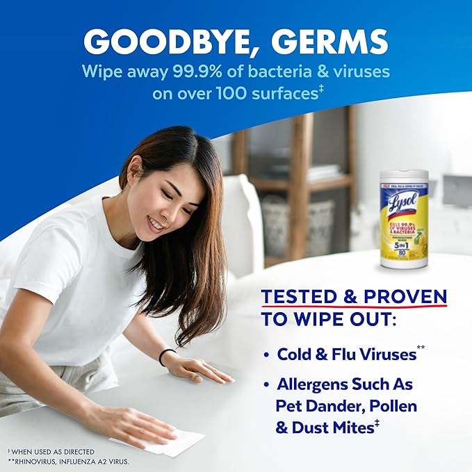 Lysol Disinfectant Wipes, Multi-Surface Antibacterial Cleaning Wipes, for Disinfecting and Cleaning, Lemon and Lime Blossom, 80 Count (Pack of 1)