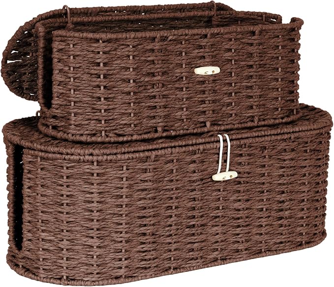 Set of 2 Cable Management Box, Handwoven Paper Rope Cord Hider Organizer Boxes with 3 Side Open Slots, Cable Organizer Box to Hide Cords Power Strip, USB Hub, TV Wires for Home, Office,Brown