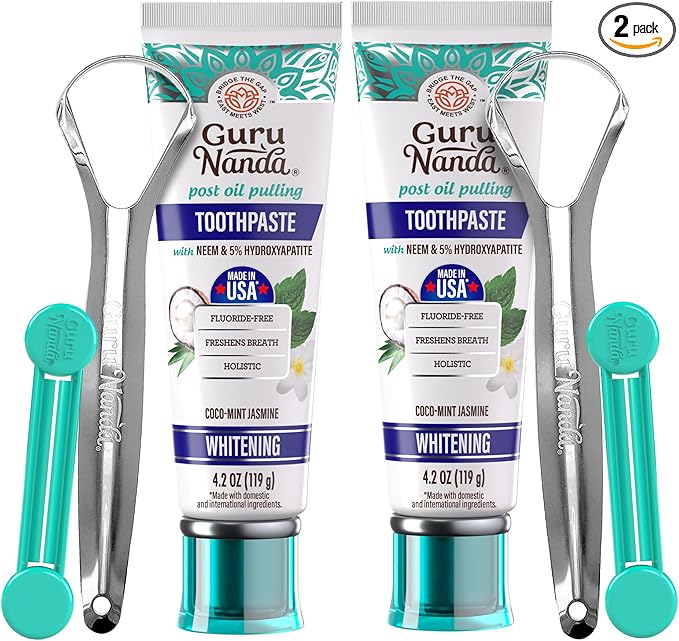 GuruNanda Hydroxyapatite Toothpaste for Whitening with Neem & Xylitol, SLS & Fluoride Free Formula with Tongue Scraper & Squeezer - Freshens Breath, Fights Plaque - Natural CocoMint Jasmine, Pack of 2