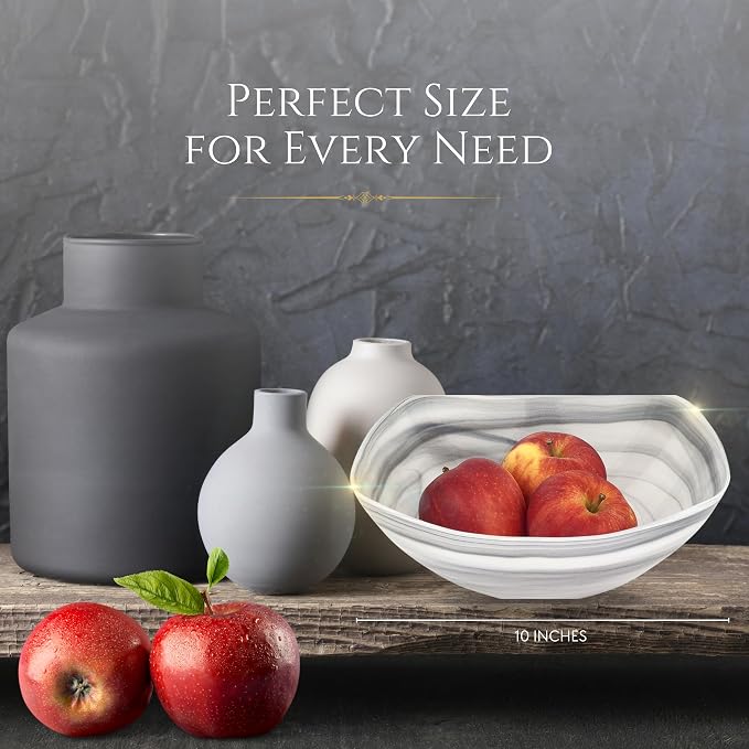 Badash Decorative Glass Serving Bowl, Alabaster Glass Centerpiece Fruit Bowl, Home Décor Table Accent Bowl, 10” Diameter, Gray