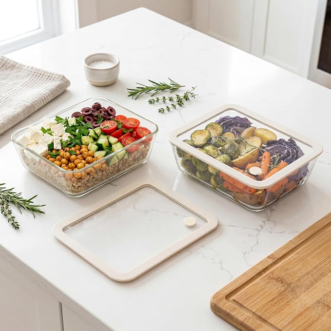 Glass Food Container Set with Glass Lid, Large Meal Prep Container Set, Airtight Food Storage Containers with Air Vent Lid, 2 Pack, Large, 87oz, LeakProof, 100% Plastic Free, White color,