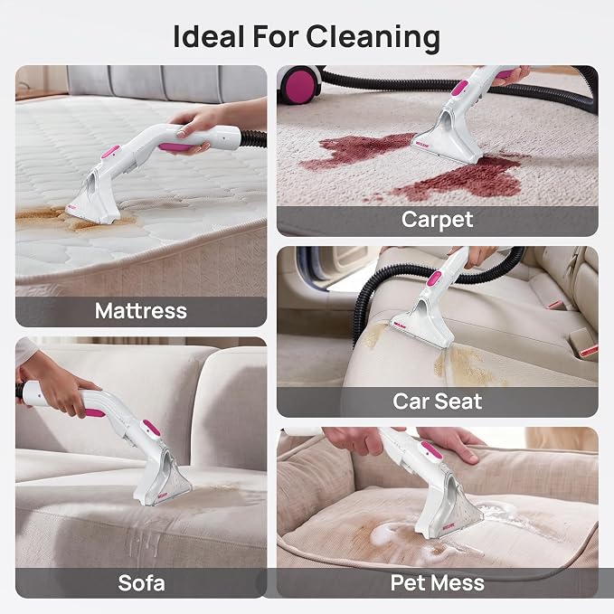 WECLEAN C4 Portable Carpet Cleaner Machine, Stand Up Upholstery Cleaner with 18KPa Powerful Suction, 800W Spot Cleaner for Pet Stains, Carpet, Rug, Couch and Car Interior, Dual Tank System, Pink