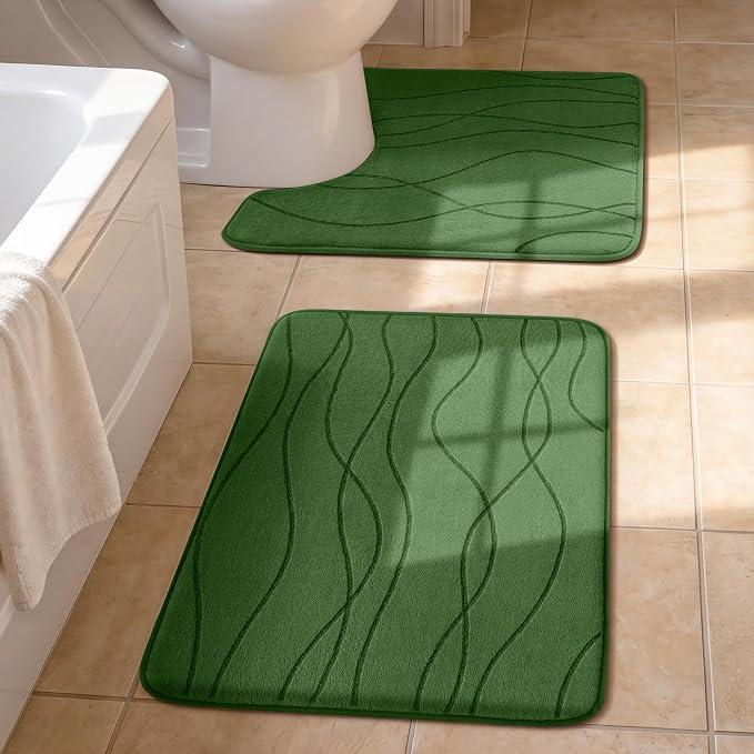 YIHOUSE Bathroom Rugs Set 2 Piece, Memory Foam Bath Mat Green | U Shaped+Small Mat, Ultra Soft, Absorbent, Non-Slip, Machine Washable, for Bathroom, Sink and Toilet