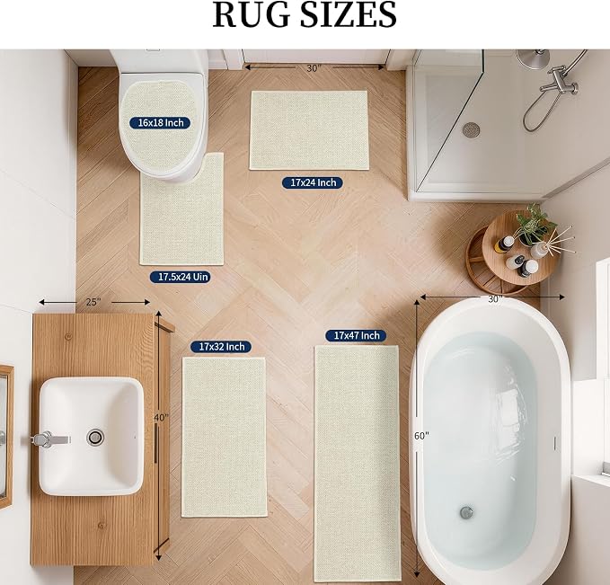 YIHOUSE Beige Bathroom Rugs Sets 5 Piece, Quick Dry Thin Bath Mat with Toilet Rug, Non Slip Absorbent Machine Washable, Bath Runner Rugs for Bathtub Sink Home Decor