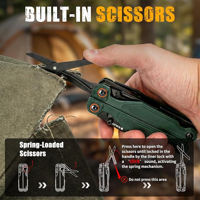 BIBURY Lightweight G10 Handle Multitool Pliers, 25-in-1 EDC Multi Tool with Replaceable Wire Cutters, Scissors, One-Hand Opening Pocket Knife Survival Tools for Camping, Repair,Survival -BI2048G