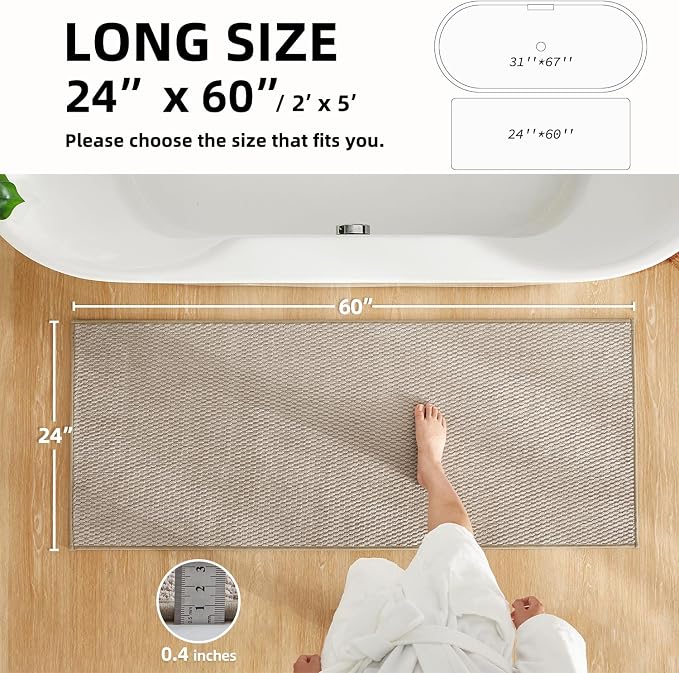 TYUU Bathroom Runner Rug, Long Bath Mat Washable Thin Quick Dry Low Pile Bathroom Runner Rugs 24 x 60 Non Slip, Beige 24"x60"