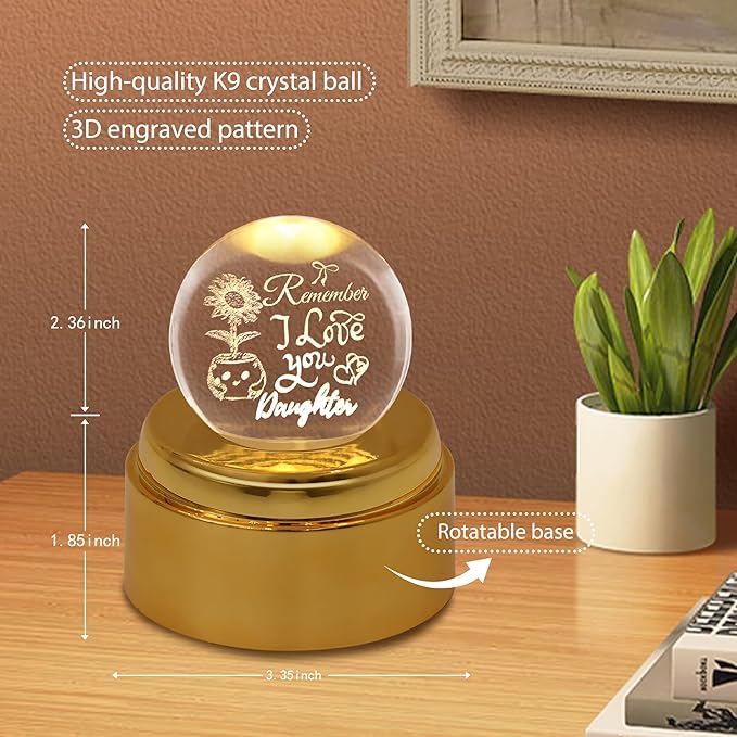 ZHSHWAT Gifts for Daughter,Engraved Crystal Ball Night Light with Rotating Glowing Base - Sunflower Design, USB Powered Decor, Ideal Christmas Birthday Daughter Gifts from Mom Dad