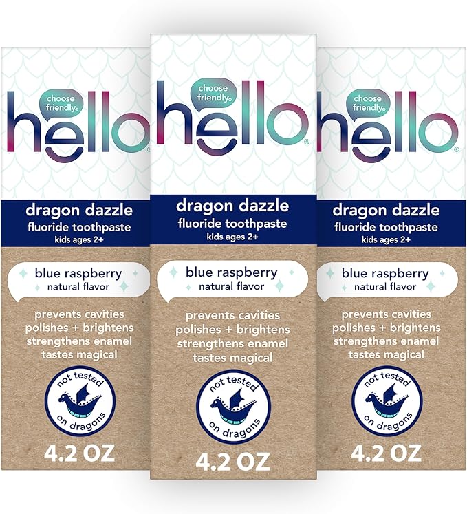Hello Dragon Dazzle Kids Toothpaste with Fluoride, Blue Raspberry Toothpaste, 4.2 Oz Tube (Pack of 3) | For Kids Ages 2 and Up, Helps Prevent Cavities, Strengthens Enamel, Polishes and Whitens Teeth, SLS Free, Vegan