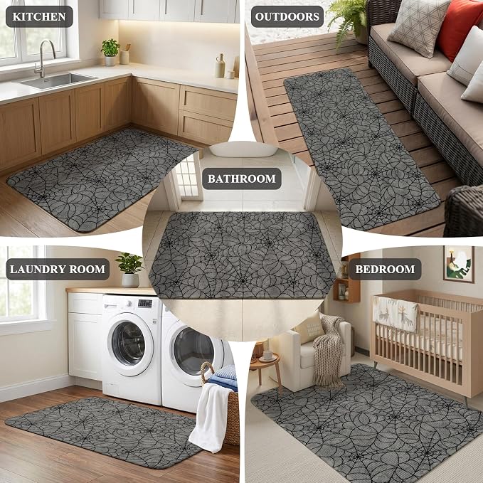 Runner Rug Indoor Outdoor 15.7"x47.2", Grey Halloween Absorbent Non Slip Entry Door Mat, Black Spiders Net Classic Gingham Low-Profile Hallway Rugs for Kitchen Laundry Room Entryway Mudroom Apartment