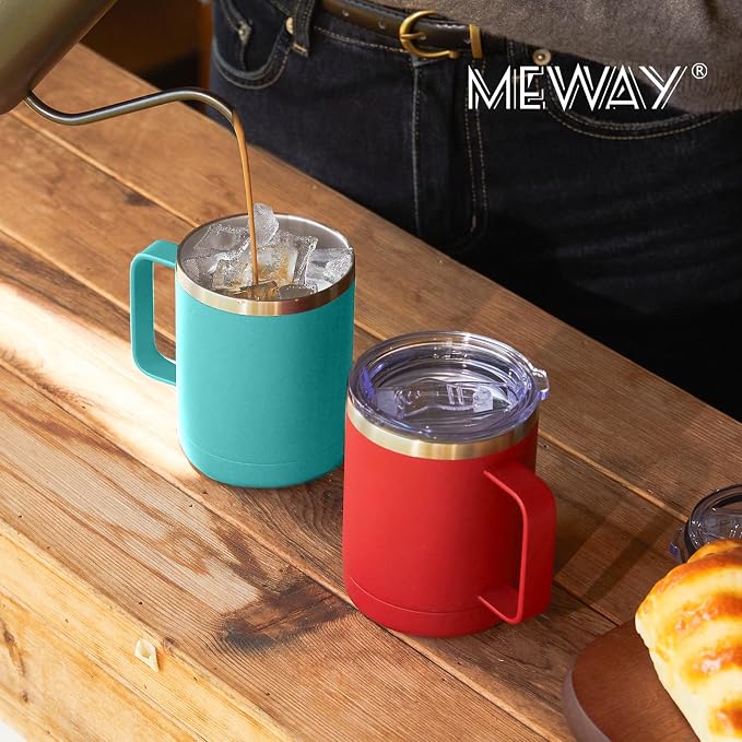 MEWAY 12oz Coffee Mug With Handle 2 Pack Bulk,Stainless Steel Insulated Travel Tumblers With Sliding Lid,Double Wall Vacuum Camping Cup for Hot & Cold Drinks Tea (Light Green,Set of 2)