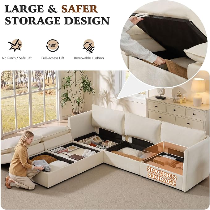 Ihanherry 103” Modular Sectional Sofa with Storage, U Shaped Cloud Couch with Movable Ottomans & 4 Pillows, Chenille Deep Seat Sectional Couches for Living Room, Apartment (Beige)