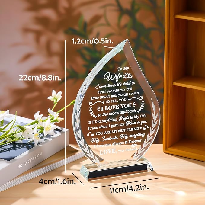 QIANWEI Mothers Day Gifts for Wife from Husband Laser Engraved Glass Plaque, Romantic Birthday Wedding Anniversary Christmas Valentines Present for Women