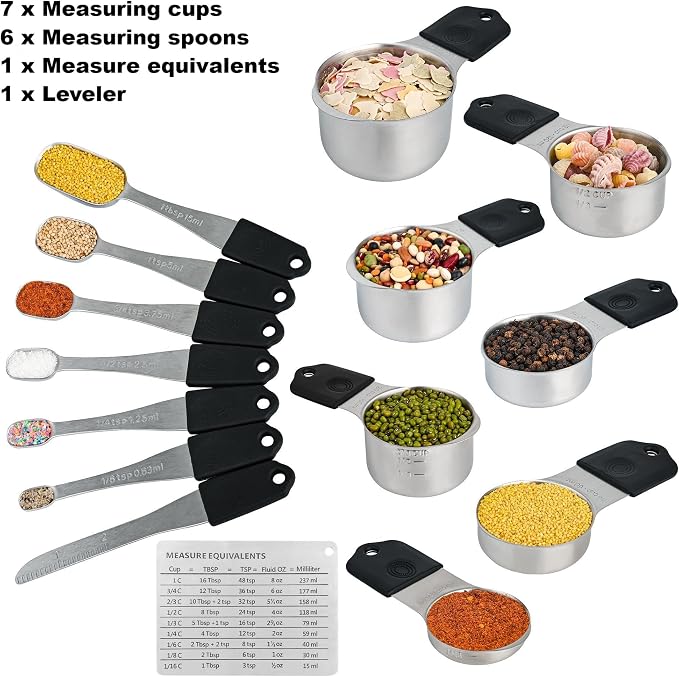 Magnetic Measuring Cups & Spoons Set 15, Stainless Steel Measuring Cups and Spoons Set, Heavy Duty Metal Measuring Cup & Spoon with Leveler & Measure Equivalents for Cooking & Baking