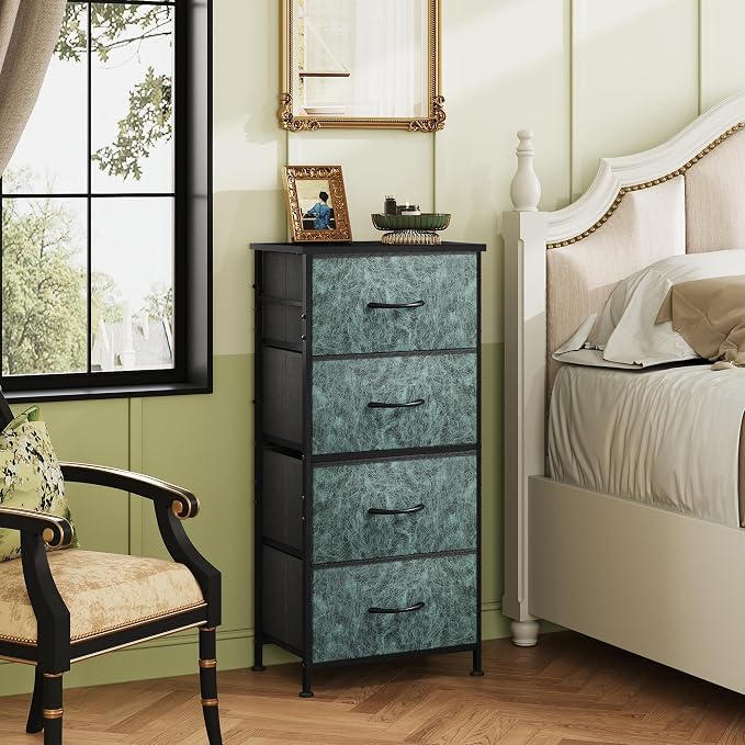 WLIVE Small Dresser Nightstand for Bedroom, 4 Drawers, Vintage Green | 4 vertical fabric drawers, Space-saving tower, Bedroom or closet use, Chest of drawers, Dresser for small spaces
