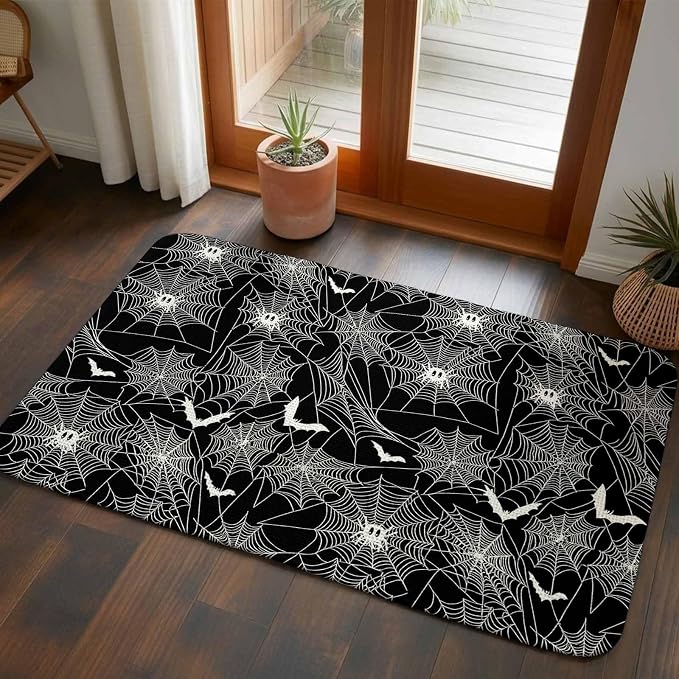 Halloween Bathroom Rugs Non Slip Washable Bath Mat Absorbent Low Pile Front Door Mat Black Scary White Bat Animal Net Geometric Indoor Doormat for Kitchen Entryway Shower Decor Accessories 15.7"x23.6"