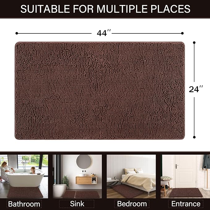LOCHAS Luxury Bathroom Rug Shaggy Bath Mat 24 x 44 Inch, Brown | Washable Non Slip Bath Rugs for Bathroom Shower, Soft Plush Chenille Absorbent Carpets