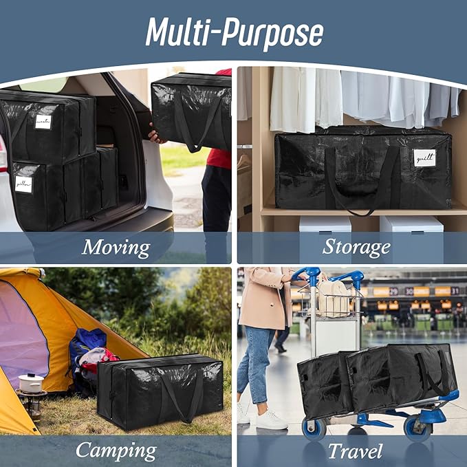12 Pack Extra Heavy Duty Large Moving Bags with Strong Zipper, Black | Comfortable Handles, Sturdy & Durable Clothes Storage Bags Totes Bins, Blue Packing Moving Boxes for College Supplies