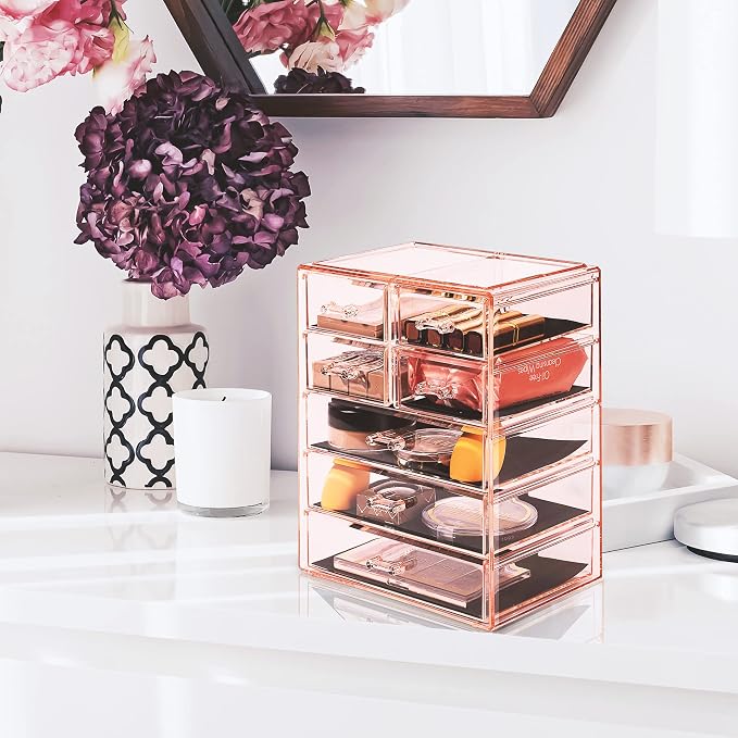 Sorbus Acrylic Makeup Organizer Set, 7-Drawer Vanity & Countertop Cosmetic Storage with Small & Wide Drawers, Pink Makeup Storage for Brushes, Lipsticks, Jewelry – Holiday Gift for Women & Teens