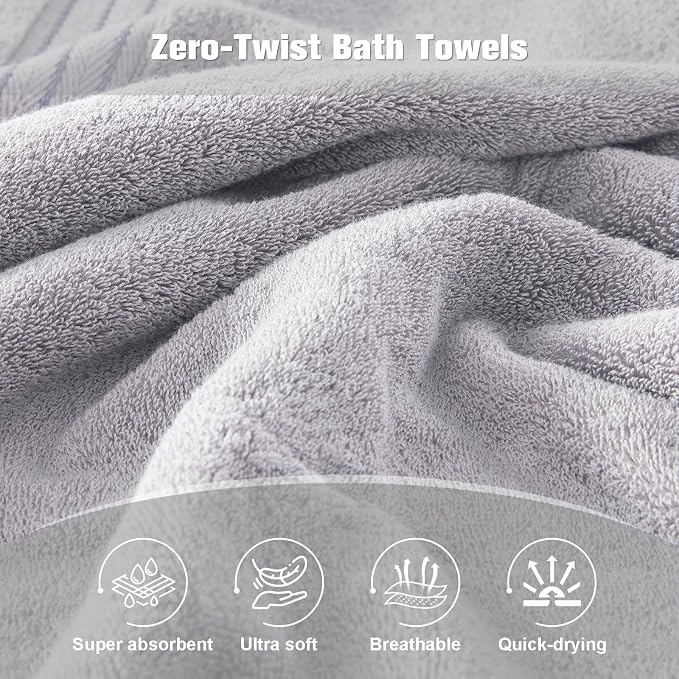 COZYART Luxury Bath Towels 2 PCS, Light Grey 100% Turkish Cotton 650 GSM | OEKO-Tex 100 Certified Zero Twist Ring Spun, Soft Absorbent Quick Dry, Plush Fluffy, Breathable Hotel Quality for Daily Use