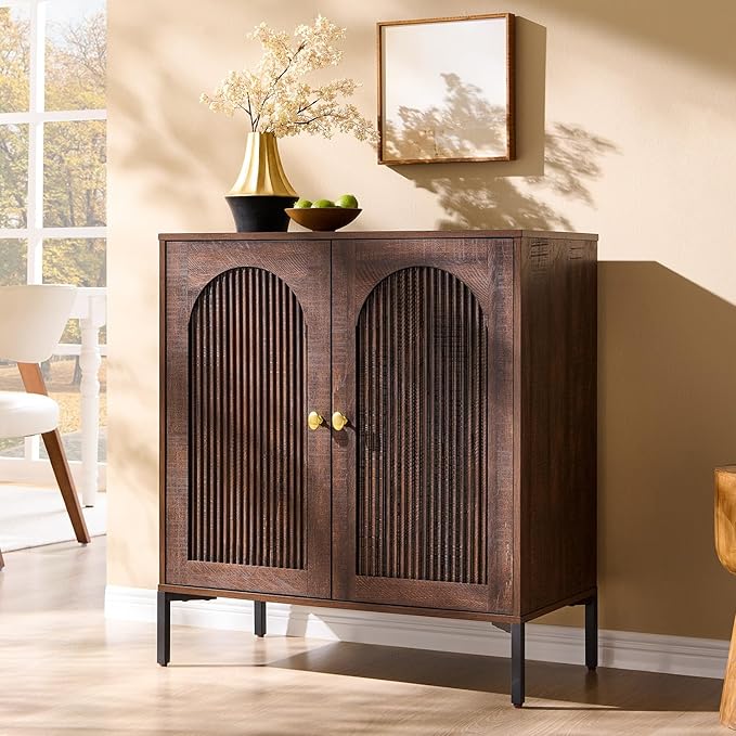 IFGET 34" Tall Modern Arched Sideboard Buffet Cabinet with Storage, Brown | Fluted Arch Sideboard Cabinet w/Adjustable Shelves, Wooden Modular Kitchen Cabinet for Dining& Living Room, Entryway