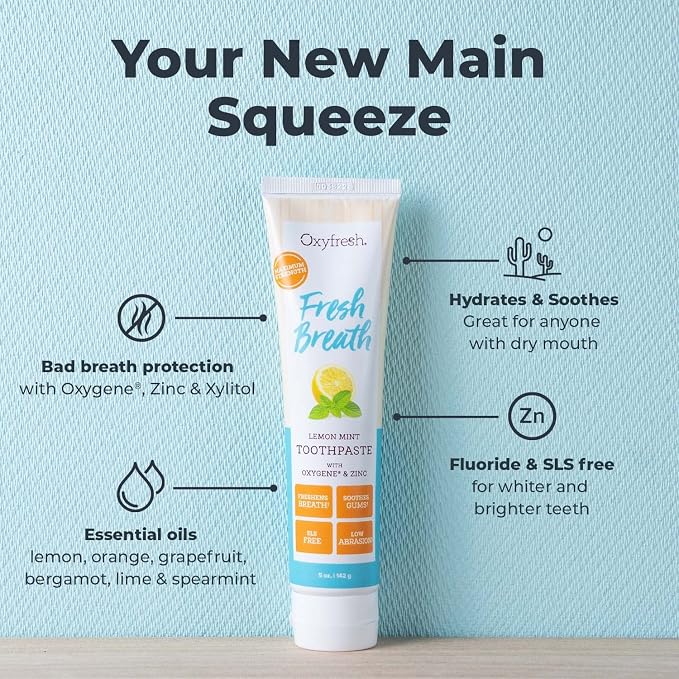 Oxyfresh Premium Lemon Mint, Fresh Breath Toothpaste – Essential Oils | Helps Fight Bad Breath, Anti Plaque & Tartar Control – Low Abrasion Gel, SLS & Fluoride Free Toothpaste with Essential Oils