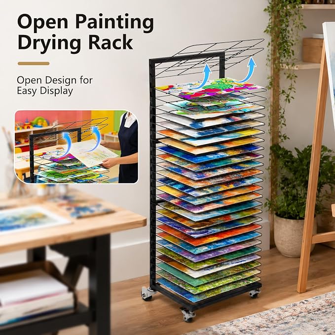 Art Drying Rack 27 Removable Shelves,Mobile with Locking Wheels, Heavy-Duty Metal Paint Drying Stand for Canvas, Artwork, Classroom, Art Studio, School