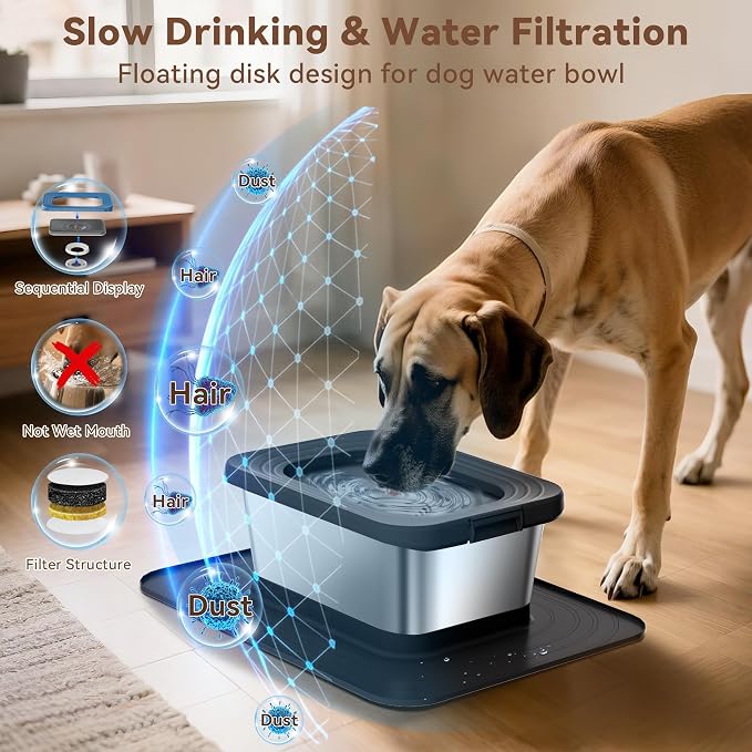 10L No Spill Dog Water Bowl Stainless Steel for Messy Drinkers | Large Capacity Slobber Stopper, Slow Drinking Anti Splash Design, XXL Silicone Mat, For Large Dogs & Multi-pet Homes, Black
