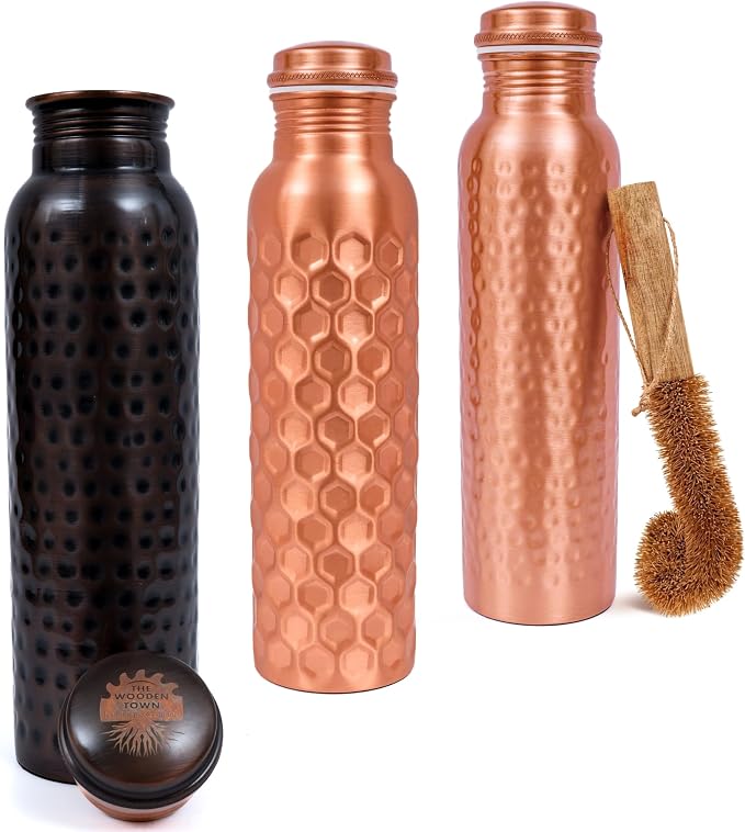 Copper Water Bottle,Ayurvedic Pure Copper Bottle For Drinking - Drink More Water, Lower Your Sugar Intake And Enjoy the Health Benefits Immediately,32 Oz (1Cleaning Brush+2 Hammered+1Diamond Bottle)