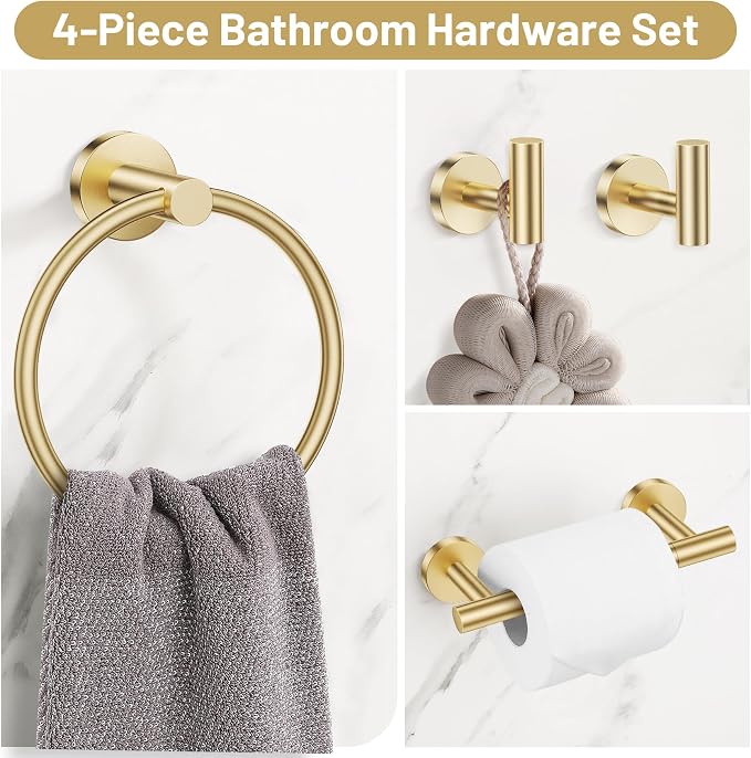 Lairuier Brushed Gold Towel Holder Set Include Double Bases Toilet Paper Holder,Towel Ring and 2 Towel Hooks Stainless Steel Wall Mounted Bathroom Hardware Accessories Set