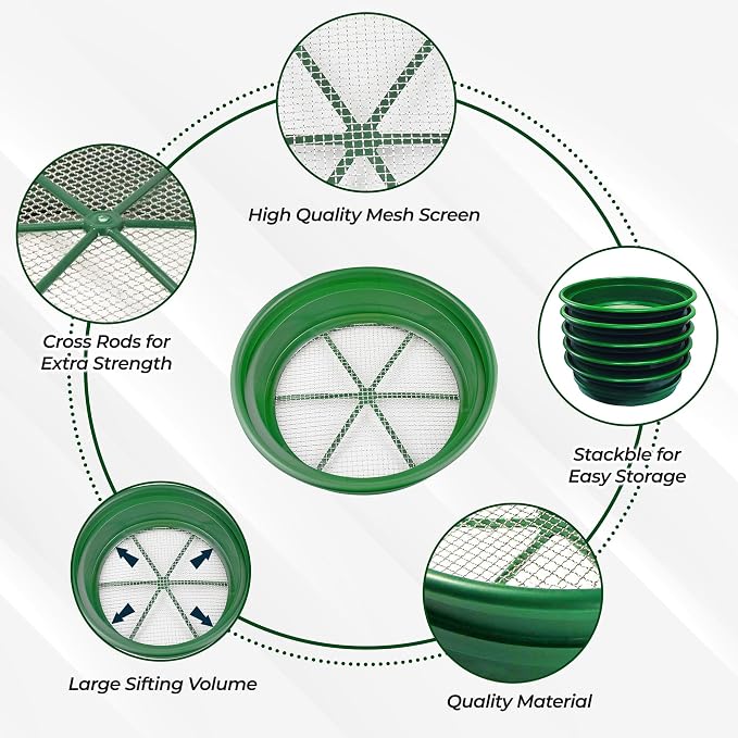 SE 13.25 Inch Wide Stackable Classifier Gold Prospecting Pan - 1/4 Inch Stainless Steel Mesh Sifting Pan, Green