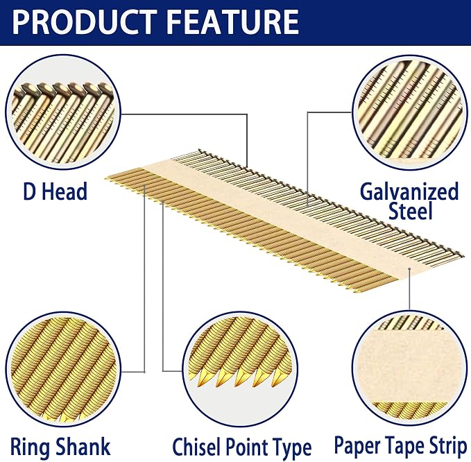 HW HAMWOO 34°Framing Nails,Galvanized Ring Shank,2-1/2":1000pcs | D Head Nail Pack,Paper Tape Strip Nails,for 30 to 34 Degree Framing Nailer