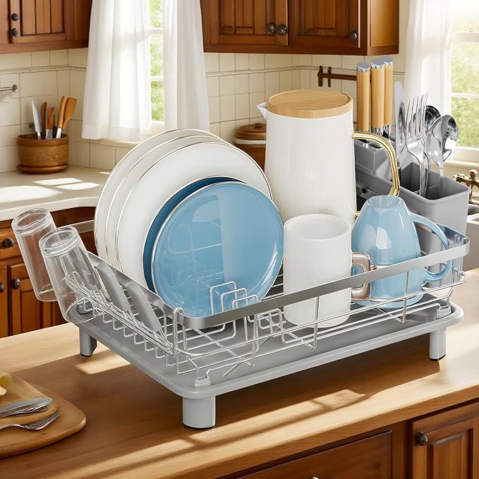 MOUKABAL Stainless Steel Dish Drying Rack for Kitchen Counter, Grey Silver | 13×17 Large Capacity/Drainboard with Rotating Spout/Removable Cup & Utensil Holders/Fast Drainage/Countertop Dish Drainer
