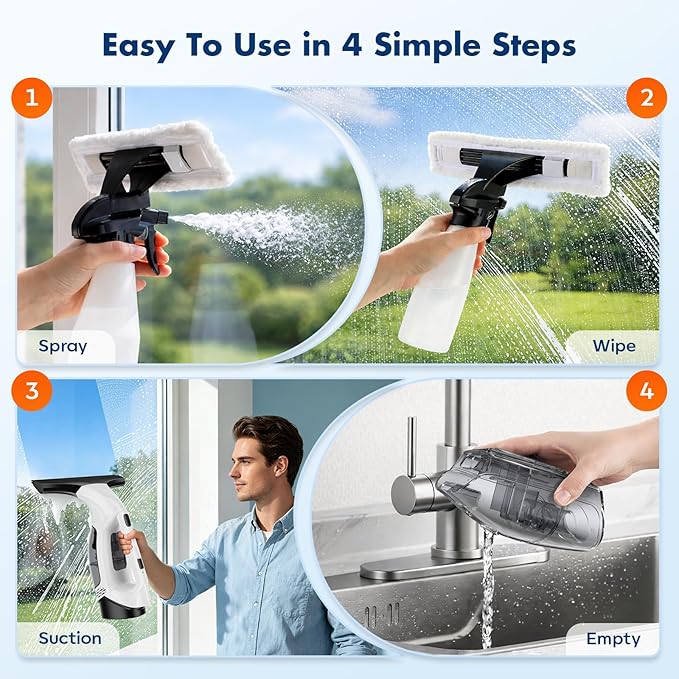 Cordless Window Vacuum Squeegee with Extension Pole, Electric Window Cleaner with Water Collection Tank, Portable Cleaning Kit for Glass Doors, Windows, Mirrors and Car（White）