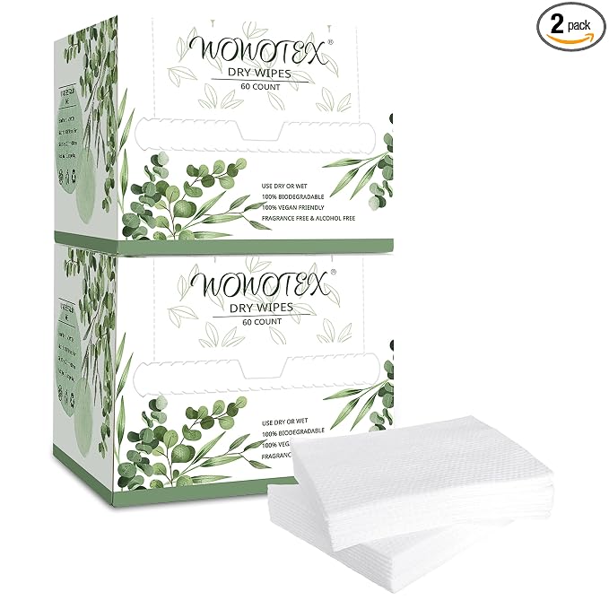 WOWOTEX Disposable Face Towel Biodegradable Large Dry Face Wipes 120 Count/2 Box Extra Thick Soft Clean Facial Towels for Sensitive Skin, Makeup Removing, Facial Cleansing, Nursing, Travel, 10"×12"
