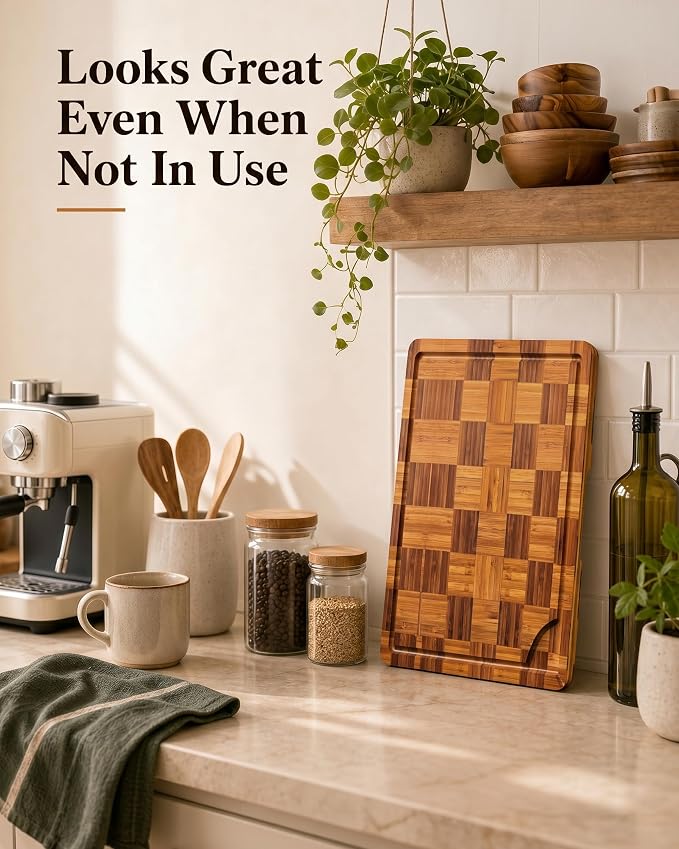 Bamboo Cutting Board 18" x 12", Heavy Duty Checkered End Grain Butcher Block for Kitchen with Deep Juice Grooves and Handles for Meat, Cheese, Charcuterie and Dough