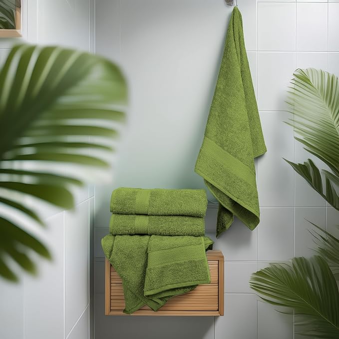 Large Bath Towels Set of 6 – 100% Cotton Terry – 24" x 50" – Quick Dry, Soft & Highly Absorbent – Forest Green Towels for Bathroom, Gym, Spa, Pool & Daily Use