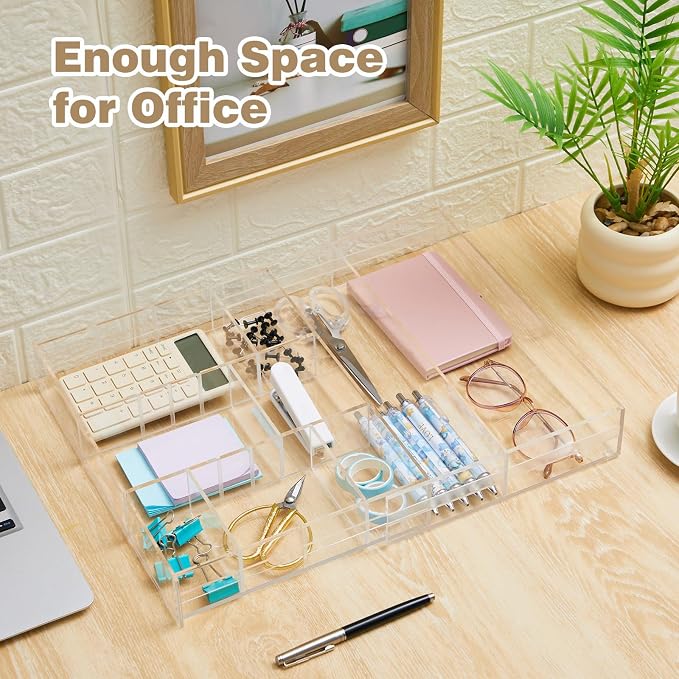 Briwooody Acrylic Drawer Organizer Clear Desk Drawer Organizer Trays with Adjustable Compartments Desk Accessories for Office Stationery Makeup Silverware Bathroom(Expandable)