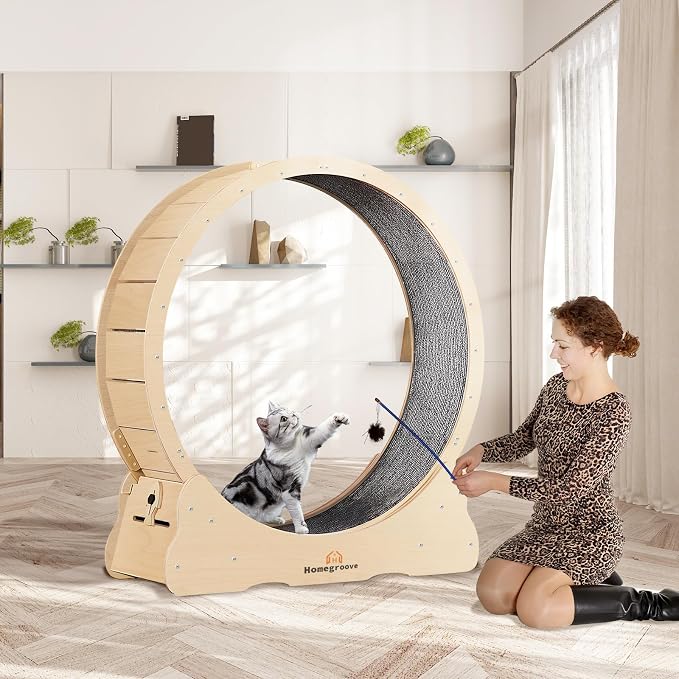 Homegroove 35.4 Inch Cat Exercise Wheels for Indoor Cats, Versatile Cat Toy Running Wheel Treadmill with Detachable Carpet for Weight Loss and Health, Natural Wood Color(M)