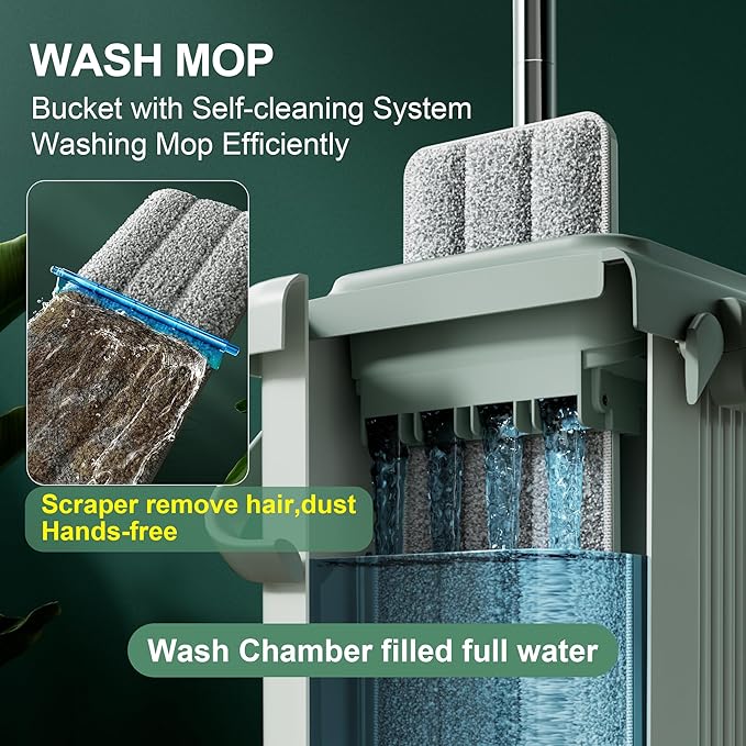 JOYMOOP Flat Mop System, Microfiber Mop and Bucket Set, Green, Commercial & Household Floor Cleaning Mop with Long Handle, Includes 3 Reusable 15" Pads
