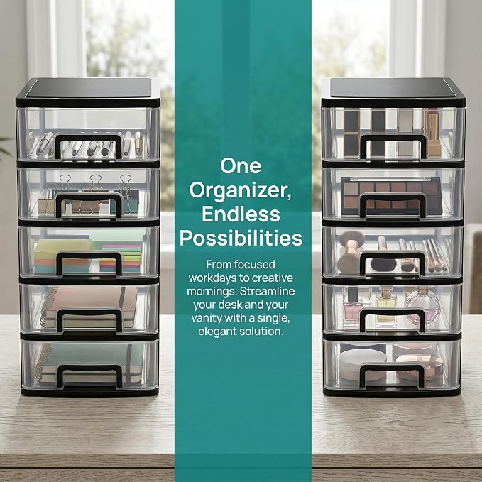 Cabilock 5 Drawer Plastic Storage Organizer Clear Desktop Drawer Storage Cabinet for Office Study Bathroom Craft Supplies