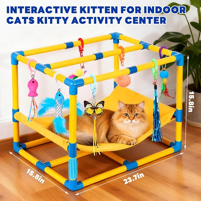 Cat Jungle Gym With Hanging Interactive Toys,Hammock Cat Activity Center For Kittens With Cat Self Groomer,Removable PVC Frame With Colored Spring Rope, Cat Enrichment Toys For Bored Indoor Adult Cats