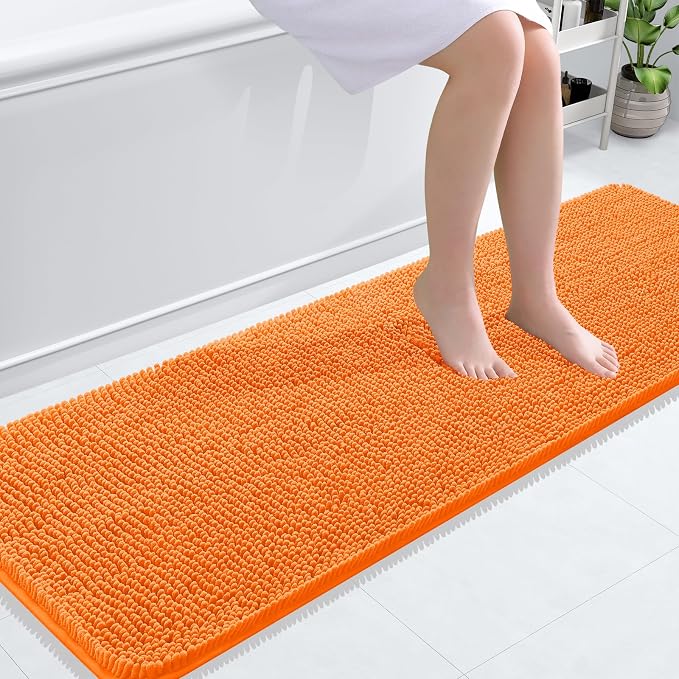OLANLY Bathroom Runner Rugs 59x20, Extra Soft Absorbent Chenille Bath Rugs, Rubber Backing Quick Dry, Machine Washable Long Bath Mats for Bathroom Floor, Tub and Shower, Home Decor Accessories, Orange