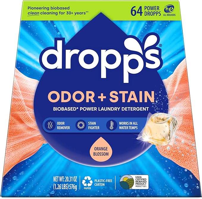 Dropps Odor & Stain Laundry Detergent Pods, Orange Blossom (64 Count) - Powerful Laundry Pods | Complete Clean Laundry Soap | Fights Odors & Stains | Clean Ingredients | Plastic Free Packaging