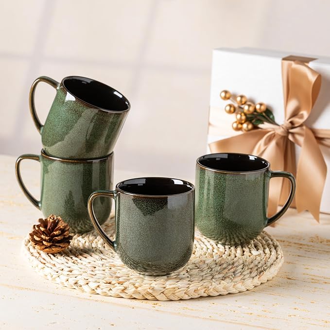 LERATIO Ceramic Coffee Mugs Set of 6,12oz Handmade Coffee Mugs Set | Large Handle for Cappuccino/Latte/Tea/Hot Cocoa,Oven &Dishwasher & Microwave Safe-Green