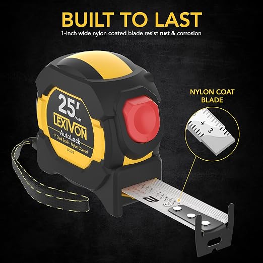 LEXIVON [3-Pack] 25Ft/7.5m AutoLock Tape Measure | 1-Inch Wide Blade with Nylon Coating, Matte Finish White & Yellow Dual Sided Rule Print | Ft/Inch/Fractions/Metric (LX-205X3)