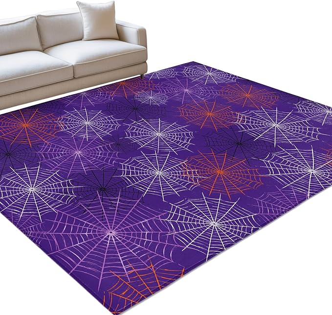 Large Area Rug 5'x7', Purple Halloween Washable Rectangular Area Rugs for Living Room Bedroom Office, Red Black White Net Halloween Non Slip Kitchen Rug Mats Indoor Floor Accent Throw Carpet