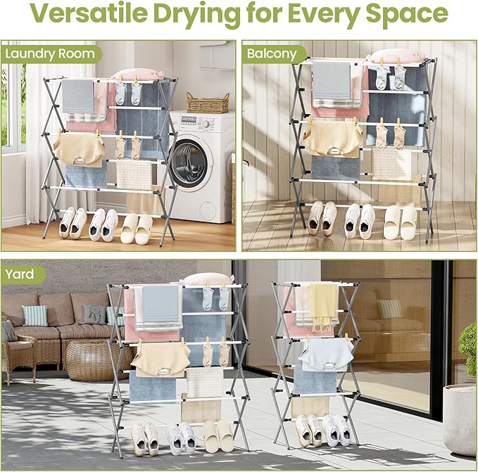 APEXCHASER 3-Tier Foldable Clothes Drying Rack, Metal Expandable Laundry Rack, 45.28" Height, Adjustable Width 24.76-35.51", Space Saving, Indoor Outdoor Use for Laundry, Towels, Shoes, Grey White