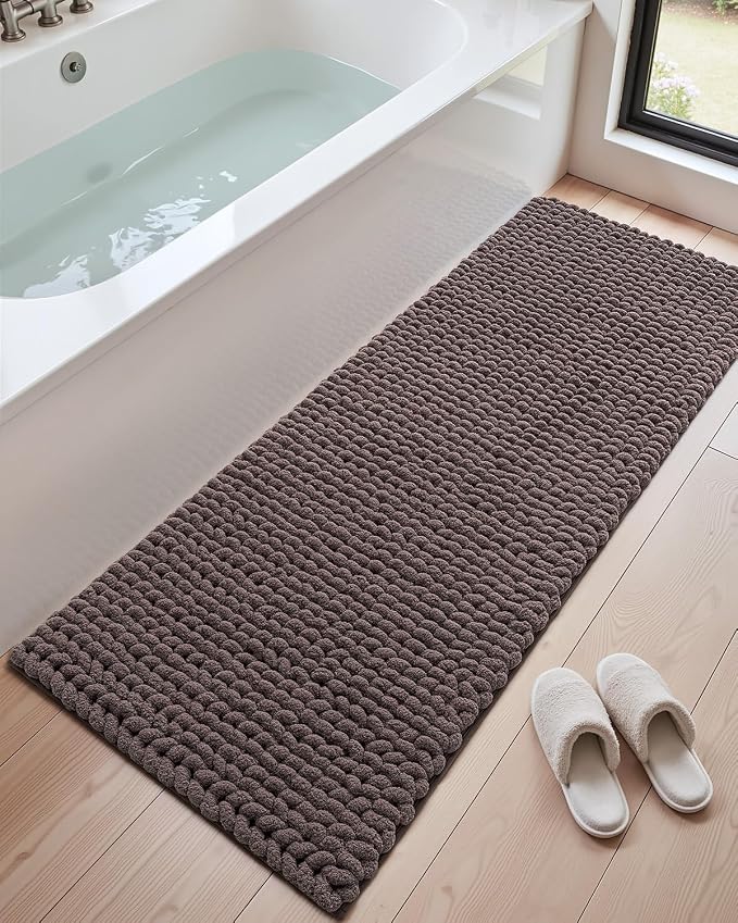 DEXI Bathroom Runner Rugs 60x24, Non Slip Washable Long Bath Mat, Luxury Chenille Super Absorbent Ultra Thick Bathmats for Shower Floor, Plush Fluffy Shaggy Carpet for Tub, Purplish Grey